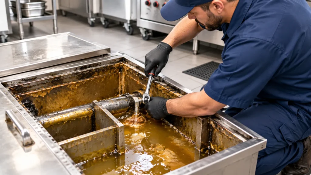 Grease trap repair in a commercial kitchen: technician working on the inside of the trap