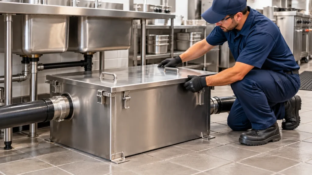 Commercial grease trap with its outlet pipe, the line that sewer line jetting clears