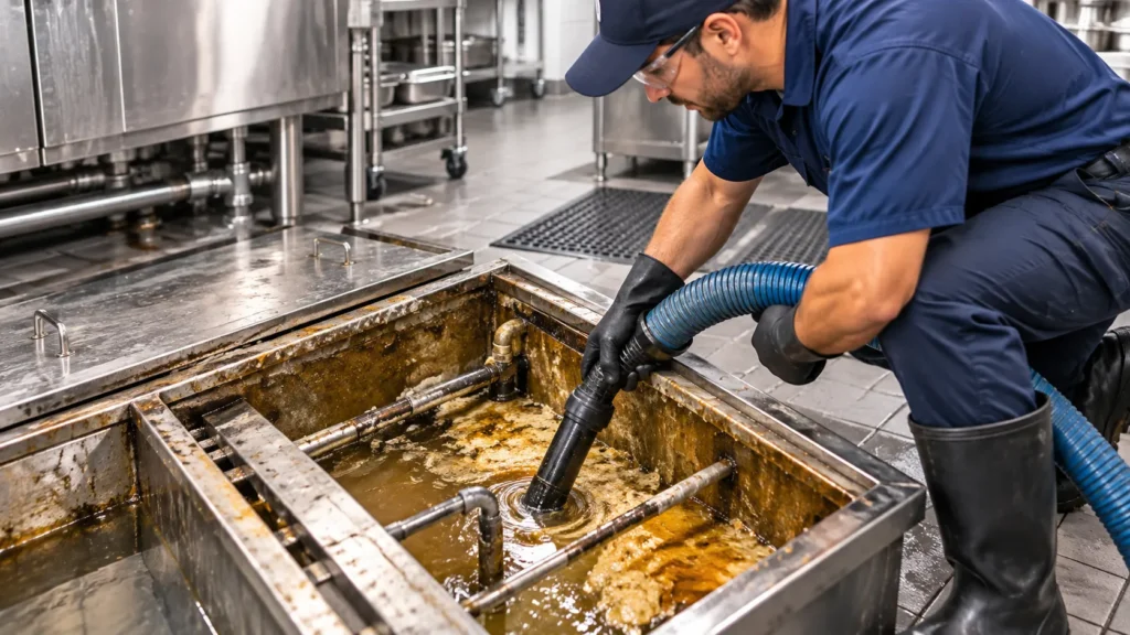 Grease trap deep cleaning: technician removing grease and solids with a vacuum hose