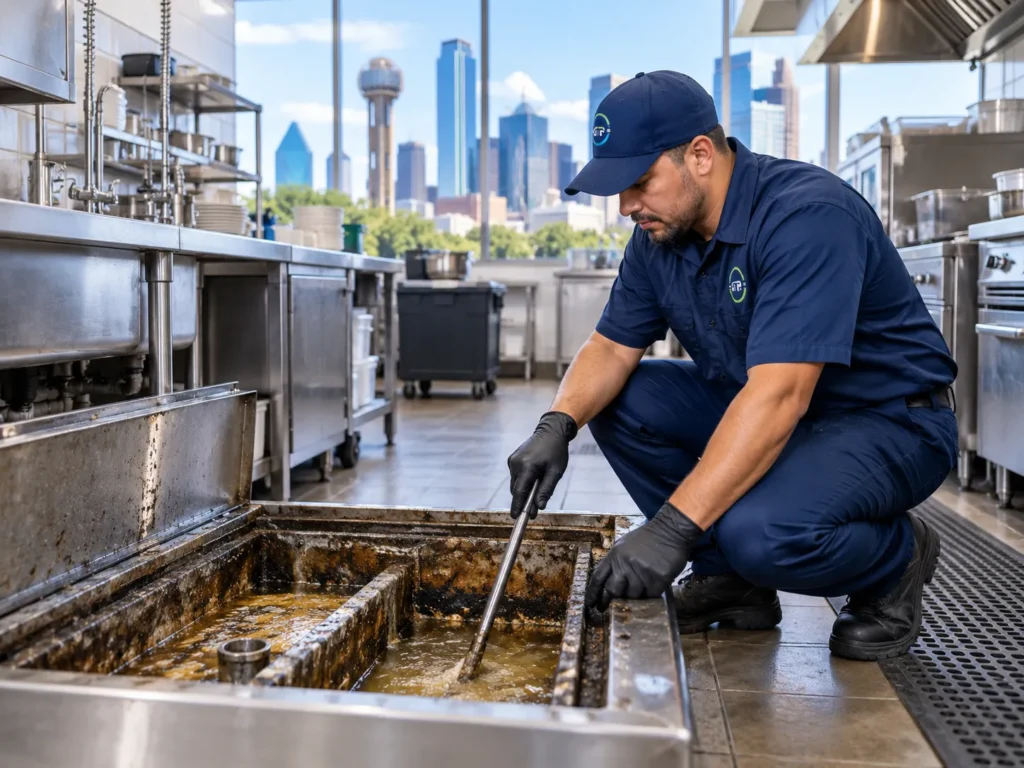 Technician working on a commercial grease trap in a restaurant kitchen, with the Dallas skyline in the background
